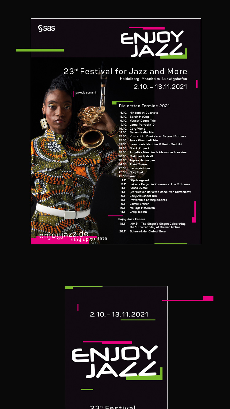 Veranstaltungs-Anzeige für das ENJOY JAZZ FESTIVAL 2021, kreation bei P12-Fresh-Designagentur